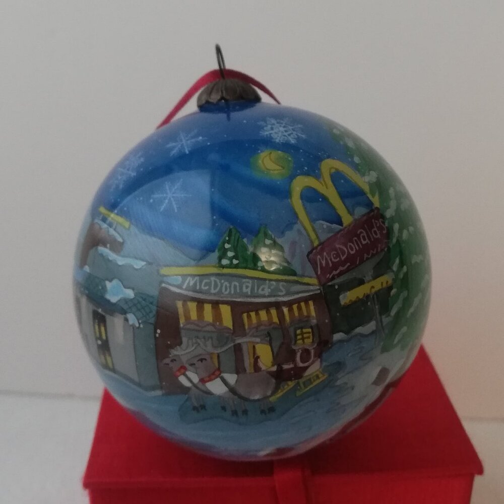 2006 McDonald's Restaurant Reversed Hand Painted Glass Christmas Ball Ornament